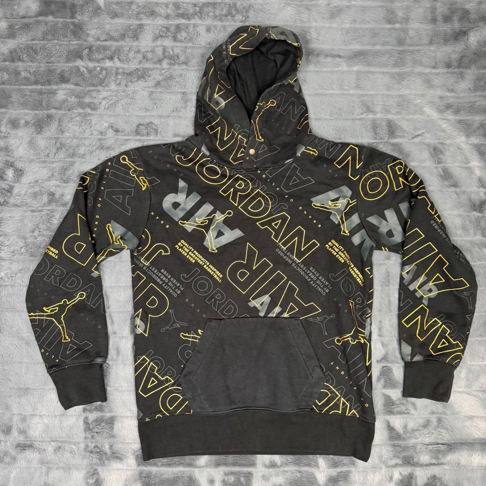Jordan Boys Air Jordan All Over Print Pullover Hoodie Black Yellow Size L 12-13Y